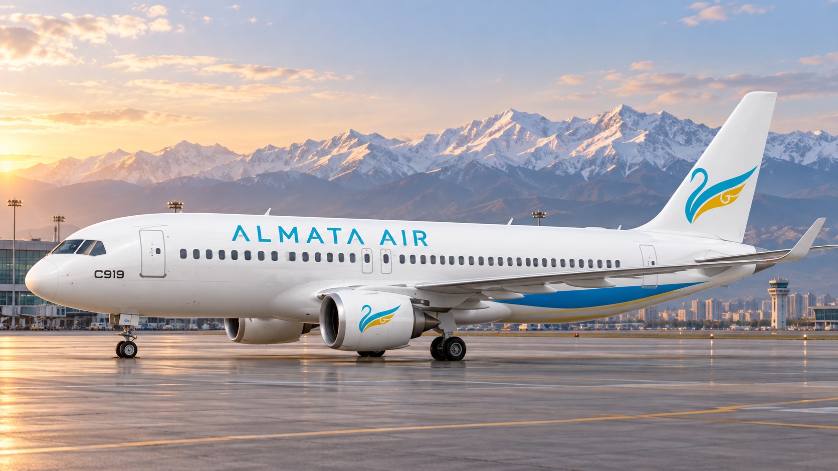 ALMATA AIR 蓝金天鹅涂装飞机效果图